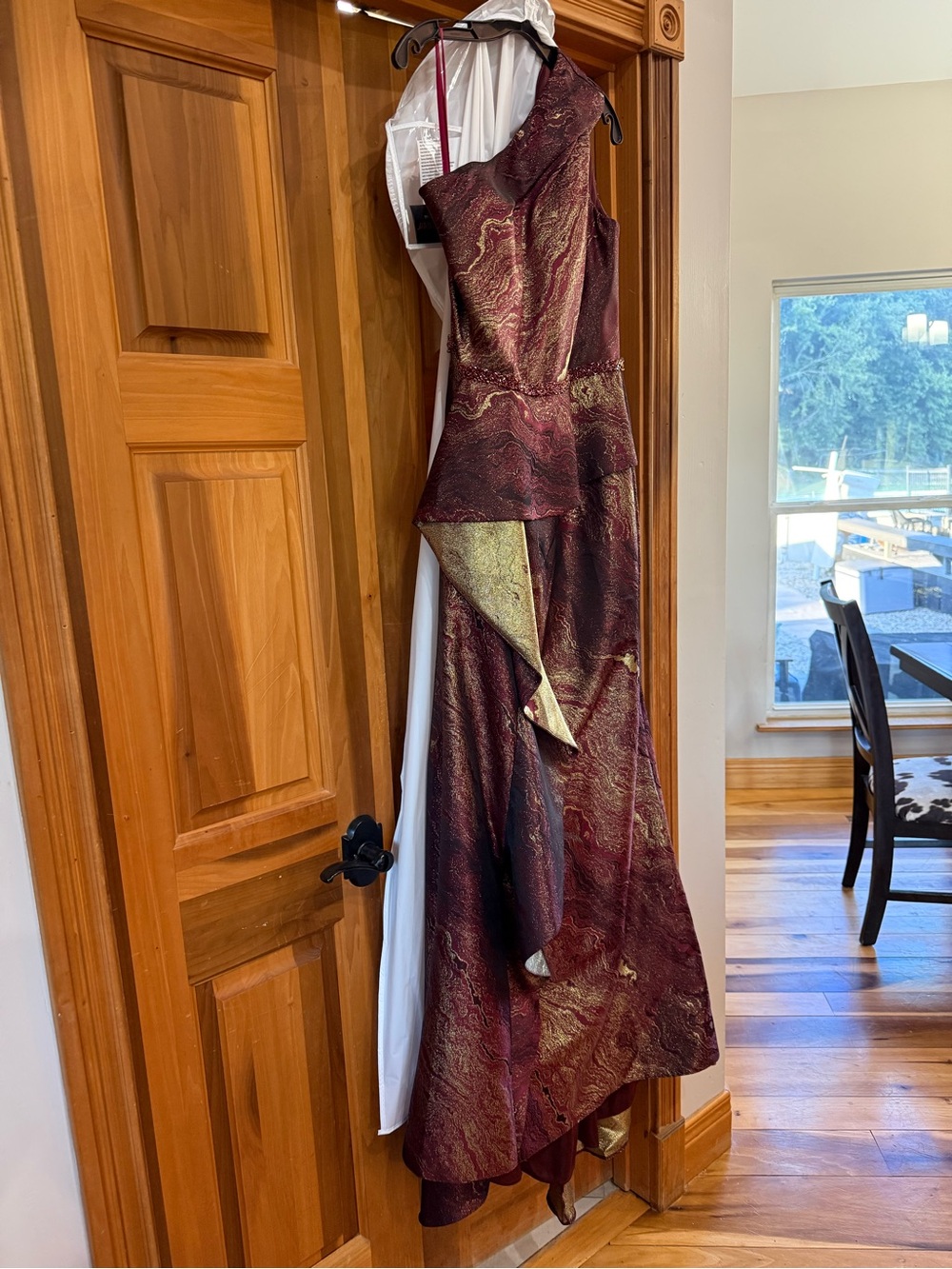 Terani Couture One-Shoulder Burgundy and Metallic Gold Gown - Picture 2 of 14